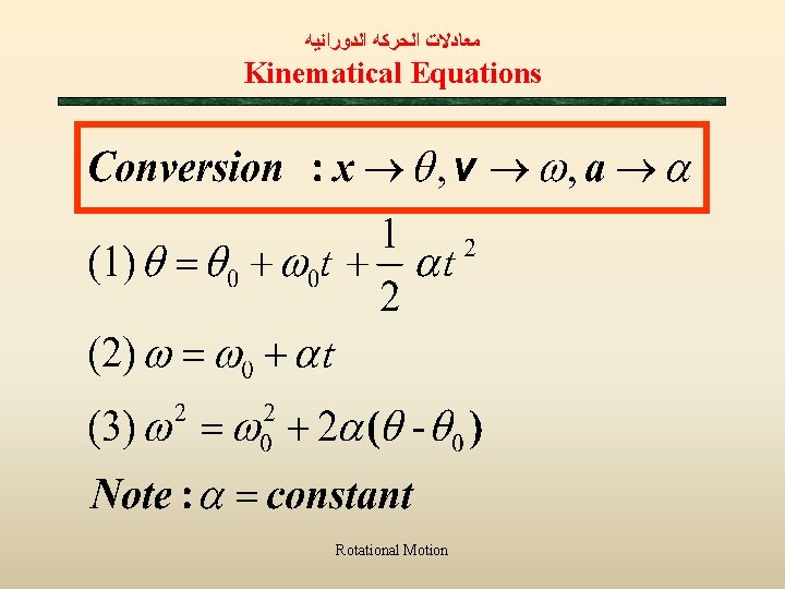  ﻣﻌﺎﺩﻻﺕ ﺍﻟﺤﺮﻛﻪ ﺍﻟﺪﻭﺭﺍﻧﻴﻪ Kinematical Equations Rotational Motion 
