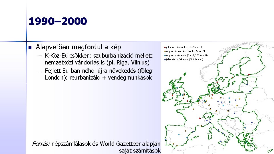 1990– 2000 n Alapvetően megfordul a kép – K-Köz-Eu csökken: szuburbanizáció mellett nemzetközi vándorlás