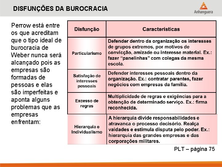 DISFUNÇÕES DA BUROCRACIA Perrow está entre os que acreditam que o tipo ideal de