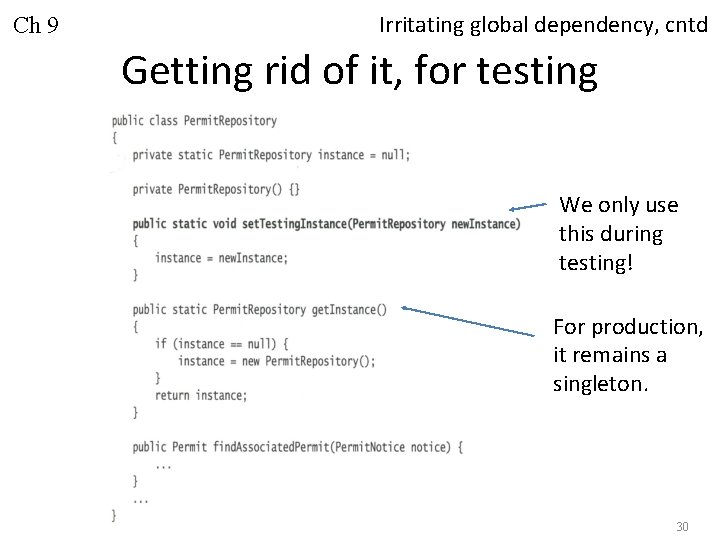 Ch 9 Irritating global dependency, cntd Getting rid of it, for testing We only