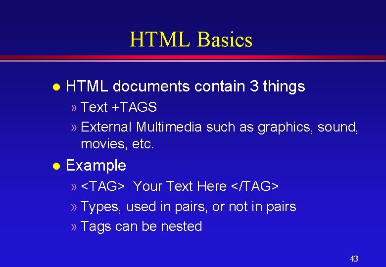 HTML Basics l HTML documents contain 3 things » Text +TAGS » External Multimedia