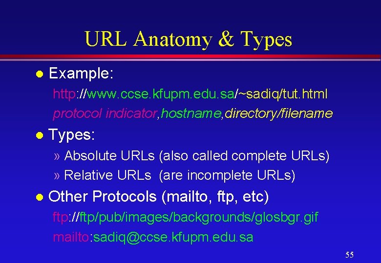 URL Anatomy & Types l Example: http: //www. ccse. kfupm. edu. sa/~sadiq/tut. html protocol