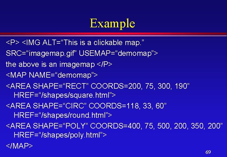 Example <P> <IMG ALT=“This is a clickable map. ” SRC=“imagemap. gif” USEMAP=“demomap”> the above