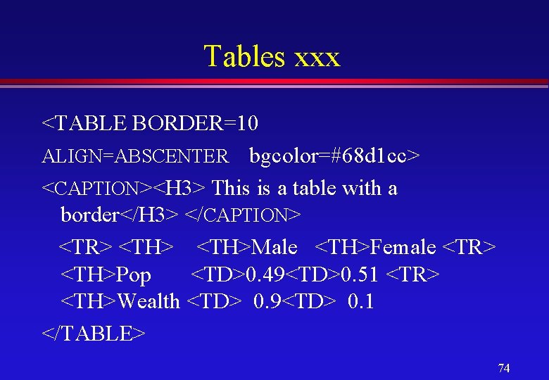 Tables xxx <TABLE BORDER=10 ALIGN=ABSCENTER bgcolor=#68 d 1 cc> <CAPTION><H 3> This is a