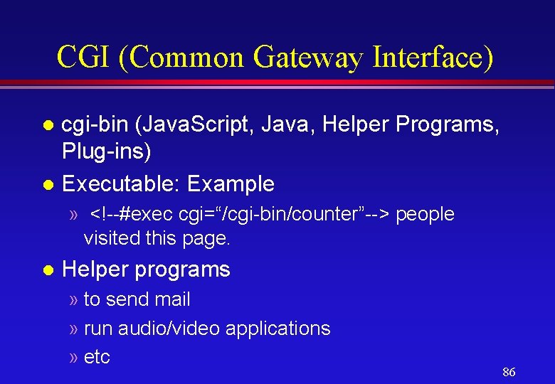 CGI (Common Gateway Interface) cgi-bin (Java. Script, Java, Helper Programs, Plug-ins) l Executable: Example