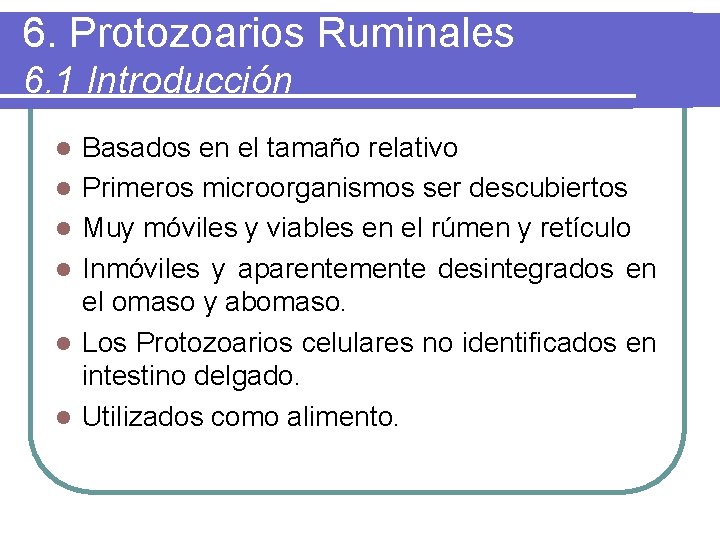 6. Protozoarios Ruminales 6. 1 Introducción l l l Basados en el tamaño relativo
