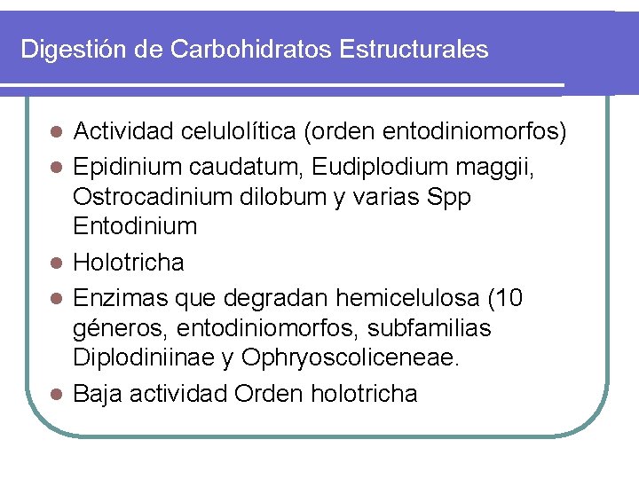Digestión de Carbohidratos Estructurales l l l Actividad celulolítica (orden entodiniomorfos) Epidinium caudatum, Eudiplodium