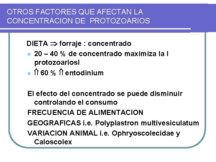 OTROS FACTORES QUE AFECTAN LA CONCENTRACION DE PROTOZOARIOS DIETA forraje : concentrado l 20