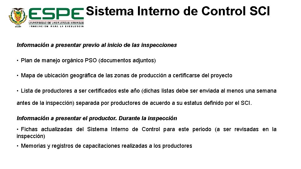 Sistema Interno de Control SCI Información a presentar previo al inicio de las inspecciones