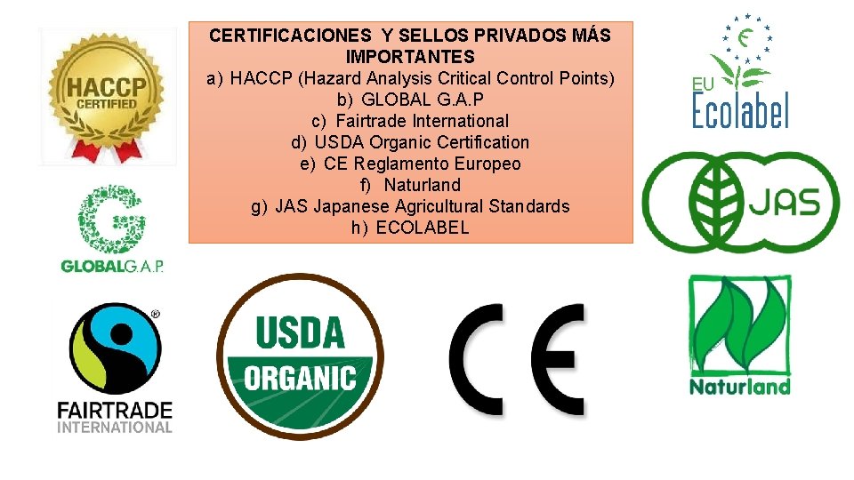 CERTIFICACIONES Y SELLOS PRIVADOS MÁS IMPORTANTES a) HACCP (Hazard Analysis Critical Control Points) b)