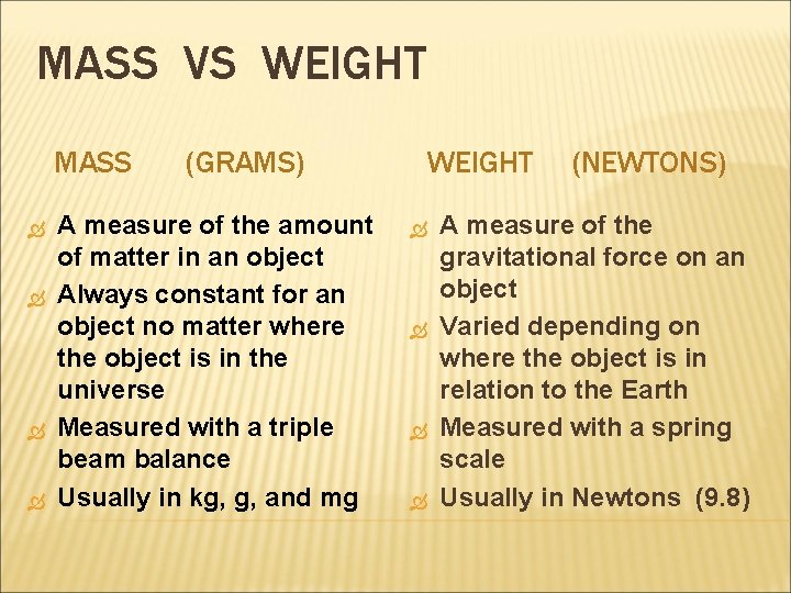 MASS VS WEIGHT MASS (GRAMS) A measure of the amount of matter in an