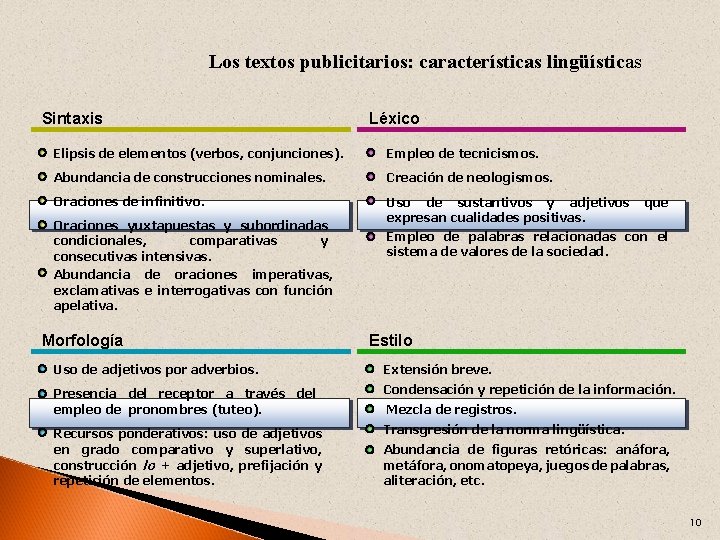 Los textos publicitarios: características lingüísticas Sintaxis Léxico Elipsis de elementos (verbos, conjunciones). Empleo de