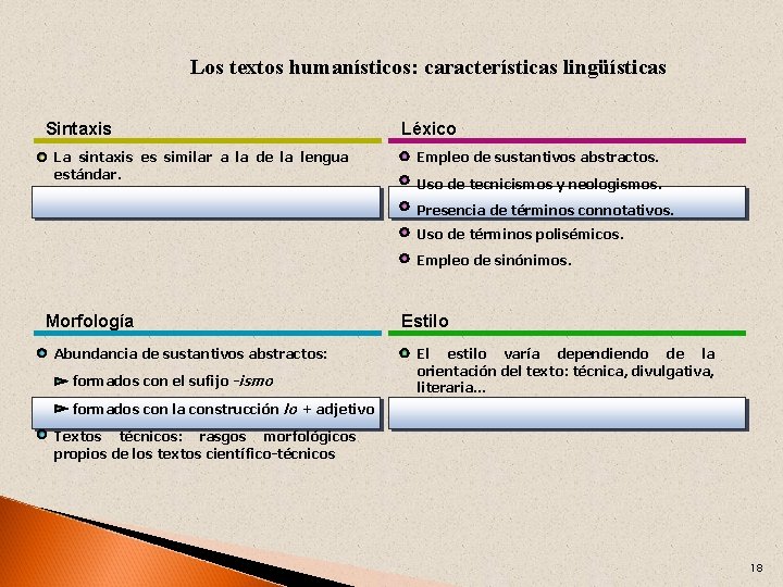 Los textos humanísticos: características lingüísticas Sintaxis La sintaxis es similar a la de la