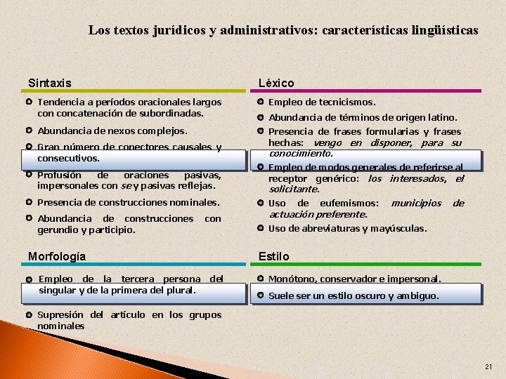 Los textos jurídicos y administrativos: características lingüísticas Sintaxis Léxico Tendencia a períodos oracionales largos