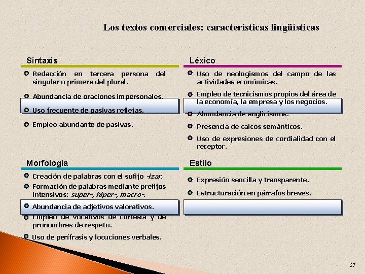 Los textos comerciales: características lingüísticas Sintaxis Redacción en tercera persona singular o primera del