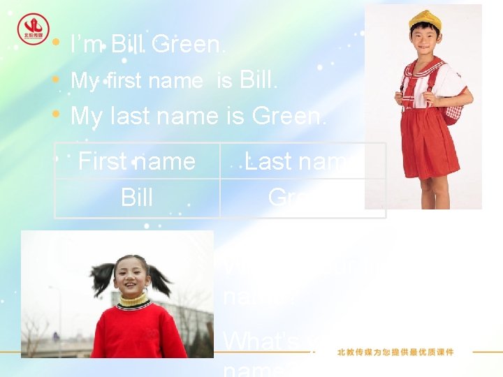  • I’m Bill Green. • My first name is Bill. • My last