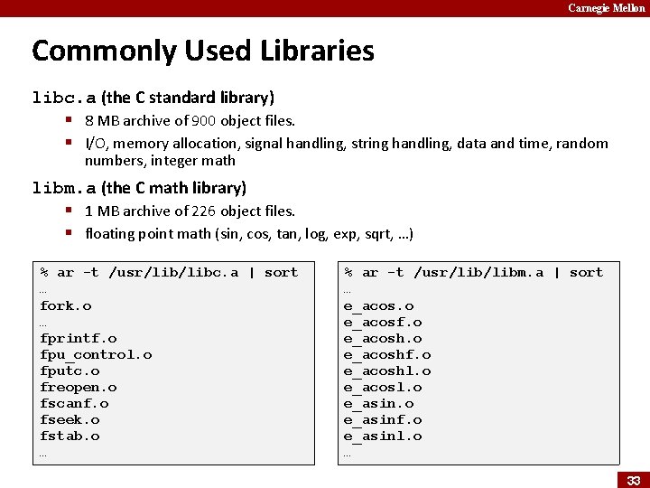 Carnegie Mellon Commonly Used Libraries libc. a (the C standard library) § 8 MB