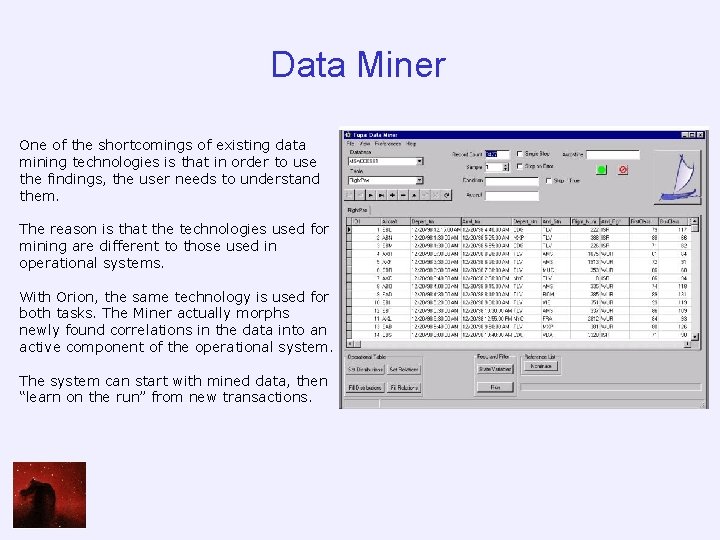 Data Miner One of the shortcomings of existing data mining technologies is that in