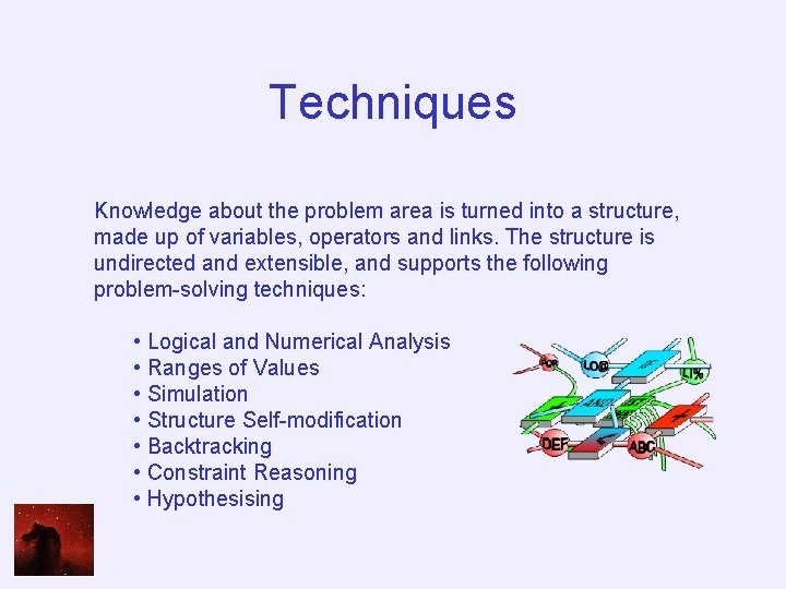 Techniques Knowledge about the problem area is turned into a structure, made up of