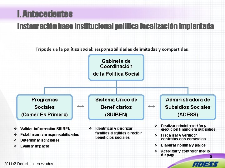I. Antecedentes Instauración base institucional política focalización implantada Trípode de la política social: responsabilidades