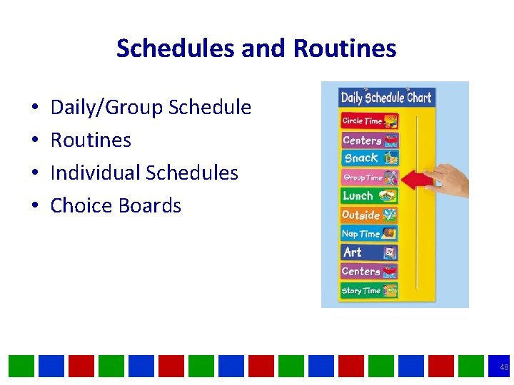 Schedules and Routines • • Daily/Group Schedule Routines Individual Schedules Choice Boards 48 