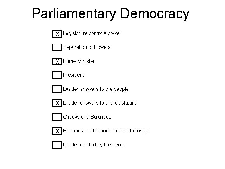 Parliamentary Democracy X Legislature controls power Separation of Powers X Prime Minister President Leader