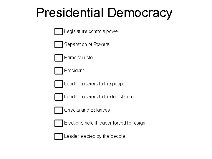 Presidential Democracy Legislature controls power Separation of Powers Prime Minister President Leader answers to