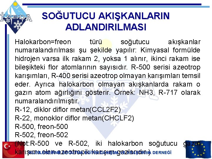 SOĞUTUCU AKIŞKANLARIN ADLANDIRILMASI Halokarbon=freon türü soğutucu akışkanlar numaralandırılması şu şekilde yapılır: Kimyasal formülde hidrojen