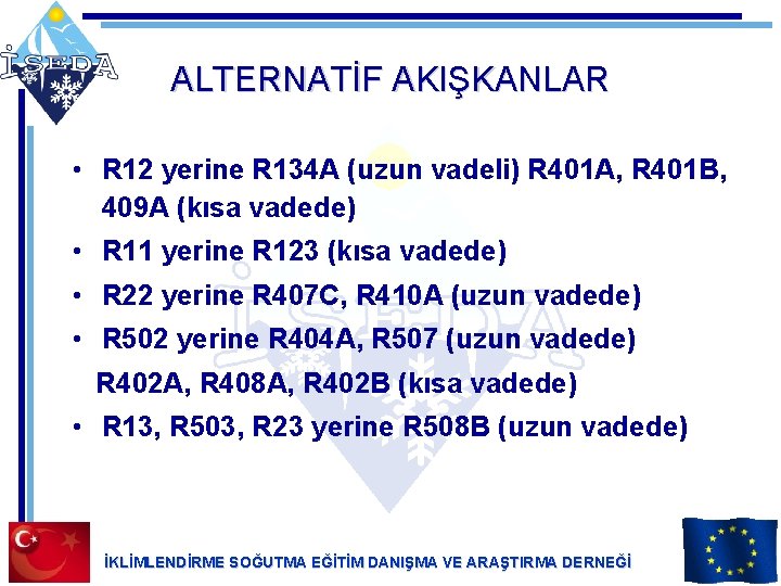 ALTERNATİF AKIŞKANLAR • R 12 yerine R 134 A (uzun vadeli) R 401 A,