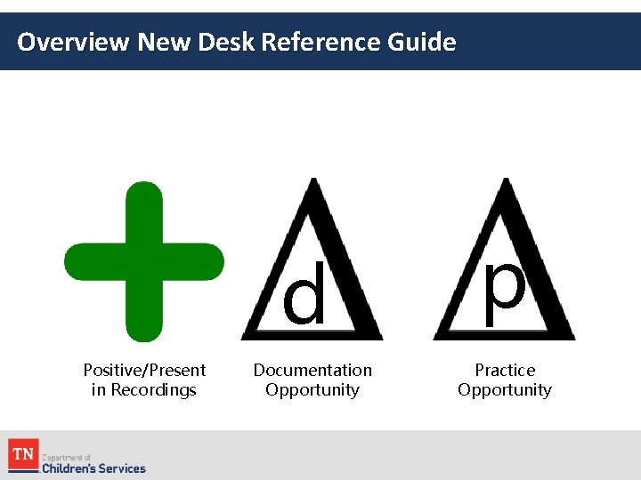 Overview New Desk Reference Guide d Positive/Present in Recordings Documentation Opportunity p Practice Opportunity
