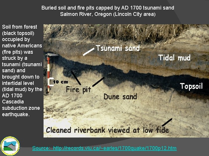 Buried soil and fire pits capped by AD 1700 tsunami sand Salmon River, Oregon