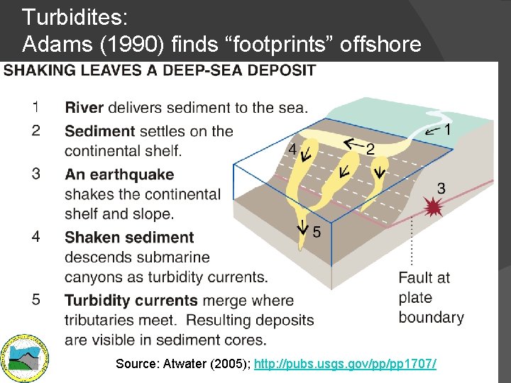 Turbidites: Adams (1990) finds “footprints” offshore Source: Atwater (2005); http: //pubs. usgs. gov/pp/pp 1707/