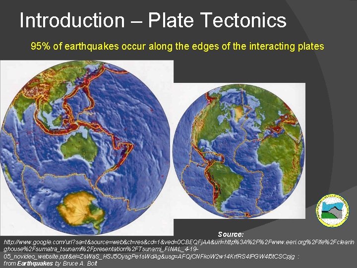 Introduction – Plate Tectonics 95% of earthquakes occur along the edges of the interacting