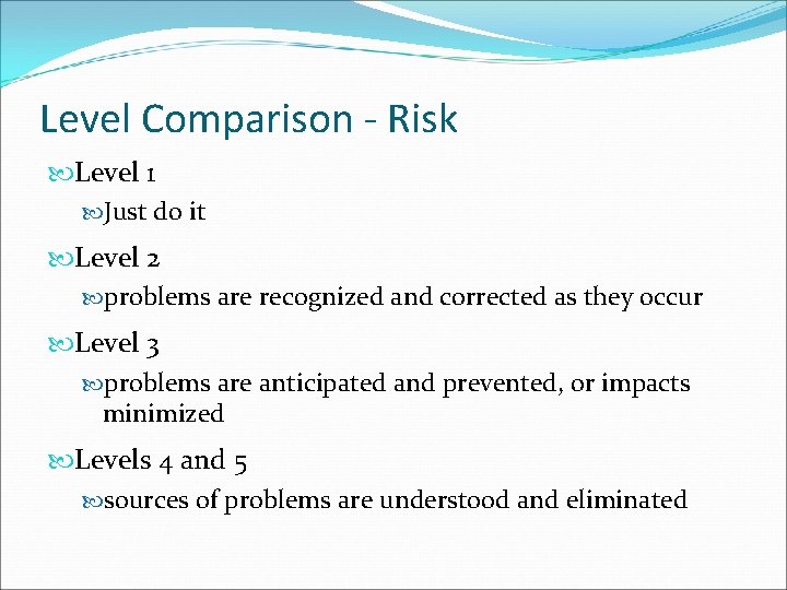 Level Comparison - Risk Level 1 Just do it Level 2 problems are recognized