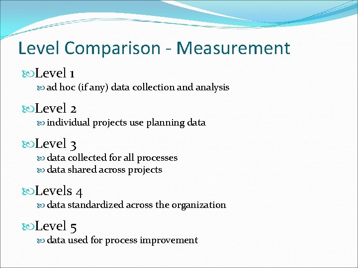 Level Comparison - Measurement Level 1 ad hoc (if any) data collection and analysis