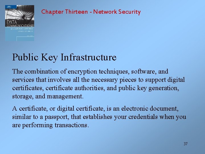Chapter Thirteen - Network Security Public Key Infrastructure The combination of encryption techniques, software,