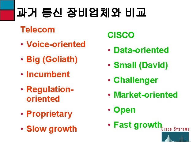 과거 통신 장비업체와 비교 Telecom • Voice-oriented • Big (Goliath) • Incumbent • Regulationoriented