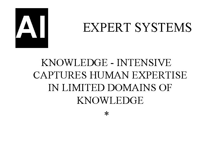 AI EXPERT SYSTEMS KNOWLEDGE - INTENSIVE CAPTURES HUMAN EXPERTISE IN LIMITED DOMAINS OF KNOWLEDGE