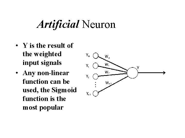 Artificial Neuron • Y is the result of the weighted input signals • Any