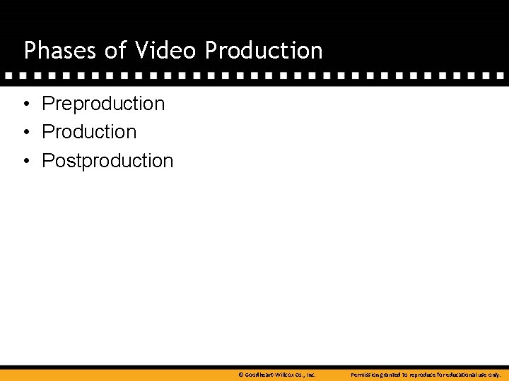 Phases of Video Production • Preproduction • Postproduction © Goodheart-Willcox Co. , Inc. Permission