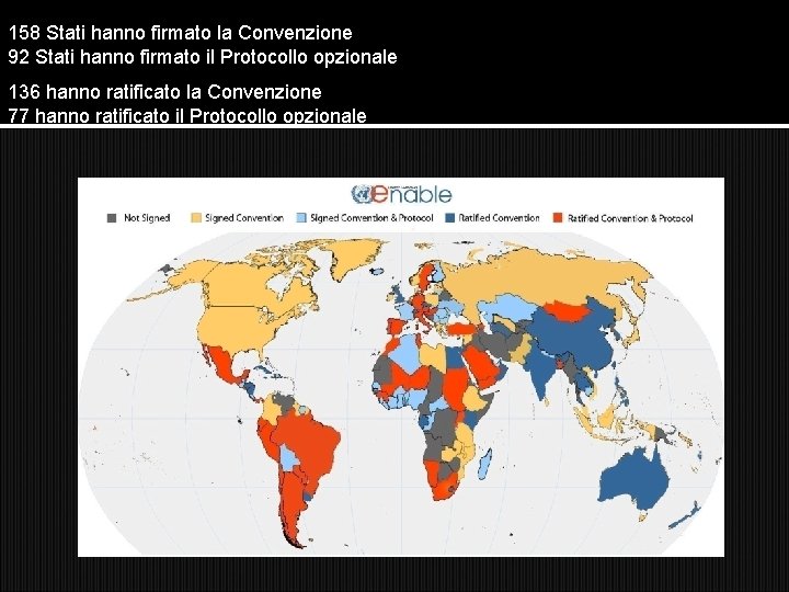 158 Stati hanno firmato la Convenzione 92 Stati hanno firmato il Protocollo opzionale 136