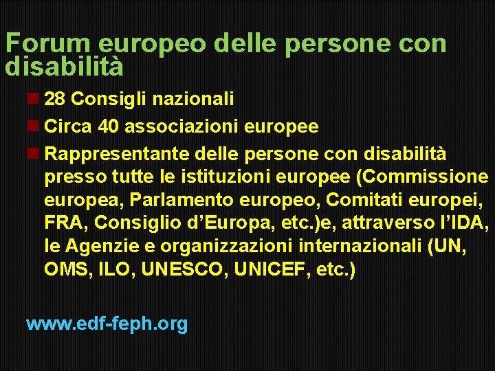 Forum europeo delle persone con disabilità 28 Consigli nazionali Circa 40 associazioni europee Rappresentante