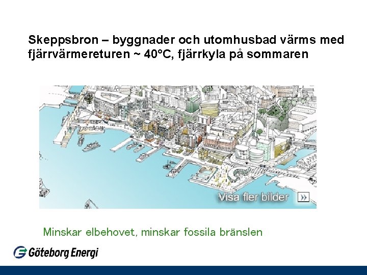 Skeppsbron – byggnader och utomhusbad värms med fjärrvärmereturen ~ 40°C, fjärrkyla på sommaren Minskar Skeppsbron – byggnader och utomhusbad värms med fjärrvärmereturen ~ 40°C, fjärrkyla på sommaren Minskar