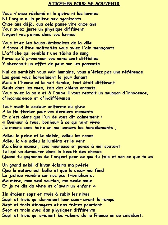 STROPHES POUR SE SOUVENIR Vous n'avez réclamé ni la gloire ni les larmes Ni