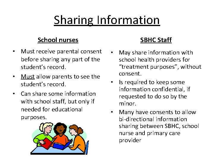 Sharing Information School nurses SBHC Staff • Must receive parental consent before sharing any Sharing Information School nurses SBHC Staff • Must receive parental consent before sharing any