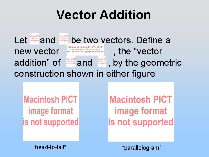 Vector Addition Let and be two vectors. Define a new vector , the “vector