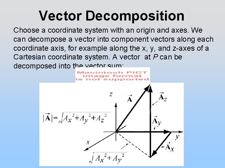 Vector Decomposition Choose a coordinate system with an origin and axes. We can decompose