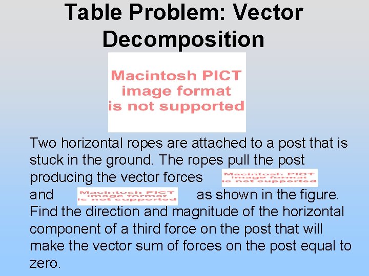 Table Problem: Vector Decomposition Two horizontal ropes are attached to a post that is