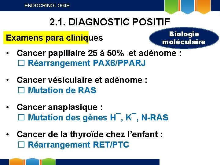 ENDOCRINOLOGIE 2. 1. DIAGNOSTIC POSITIF Examens para cliniques Biologie moléculaire • Cancer papillaire 25