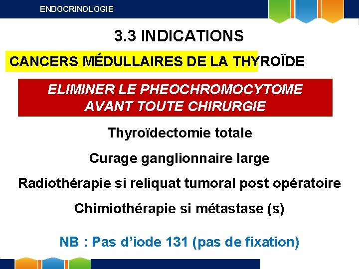 ENDOCRINOLOGIE 3. 3 INDICATIONS CANCERS MÉDULLAIRES DE LA THYROÏDE ELIMINER LE PHEOCHROMOCYTOME AVANT TOUTE